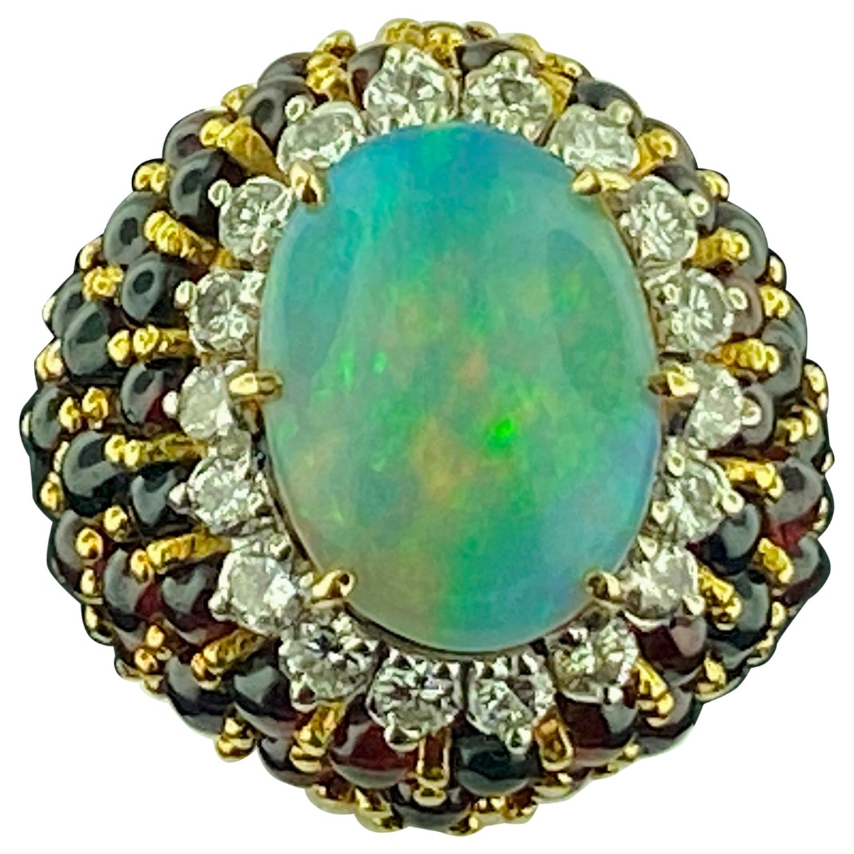 14KT Yellow Gold 7 Ct Oval Opal & Diamond Ring For Sale