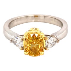 Alexander GIA Certified 1ct Fancy Vivid Yellow Diamond Three Stone Ring 18k 