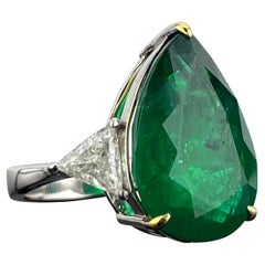 10.97 Carat Emerald and 1.01 Carat Diamond Three Stone Engagement Ring