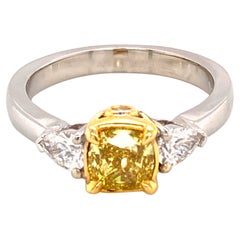 Alexander GIA Certified 1ct VS1 Fancy Vivid Yellow Diamond Three Stone Ring 18k