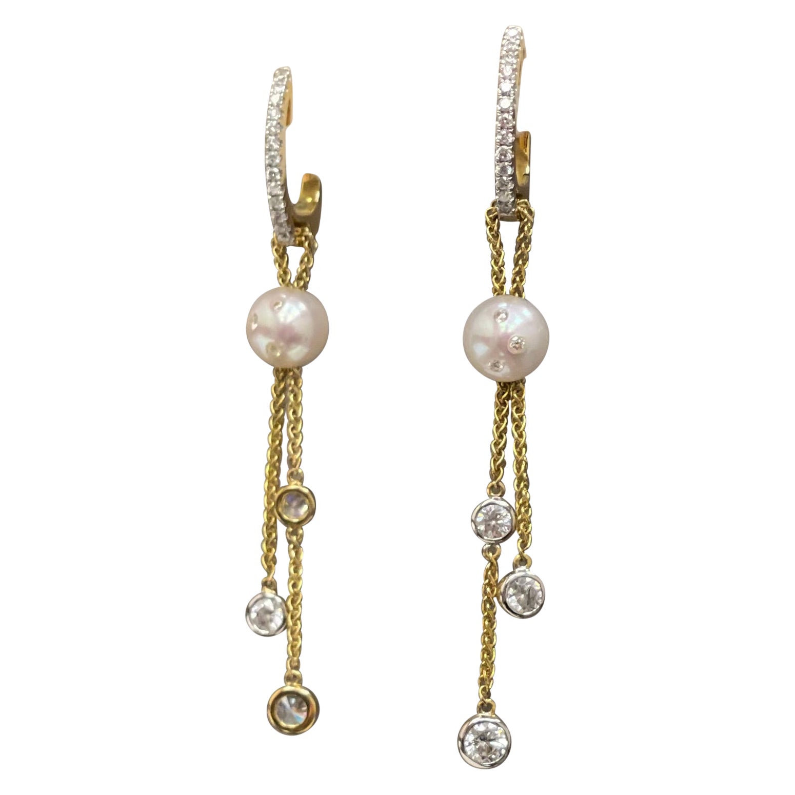 18K Yellow Gold Freshwater Pearl in Motion Earrings with Diamond Huggie For Sale