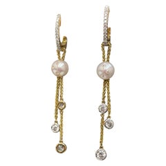 18K Yellow Gold Freshwater Pearl in Motion Earrings with Diamond Huggie
