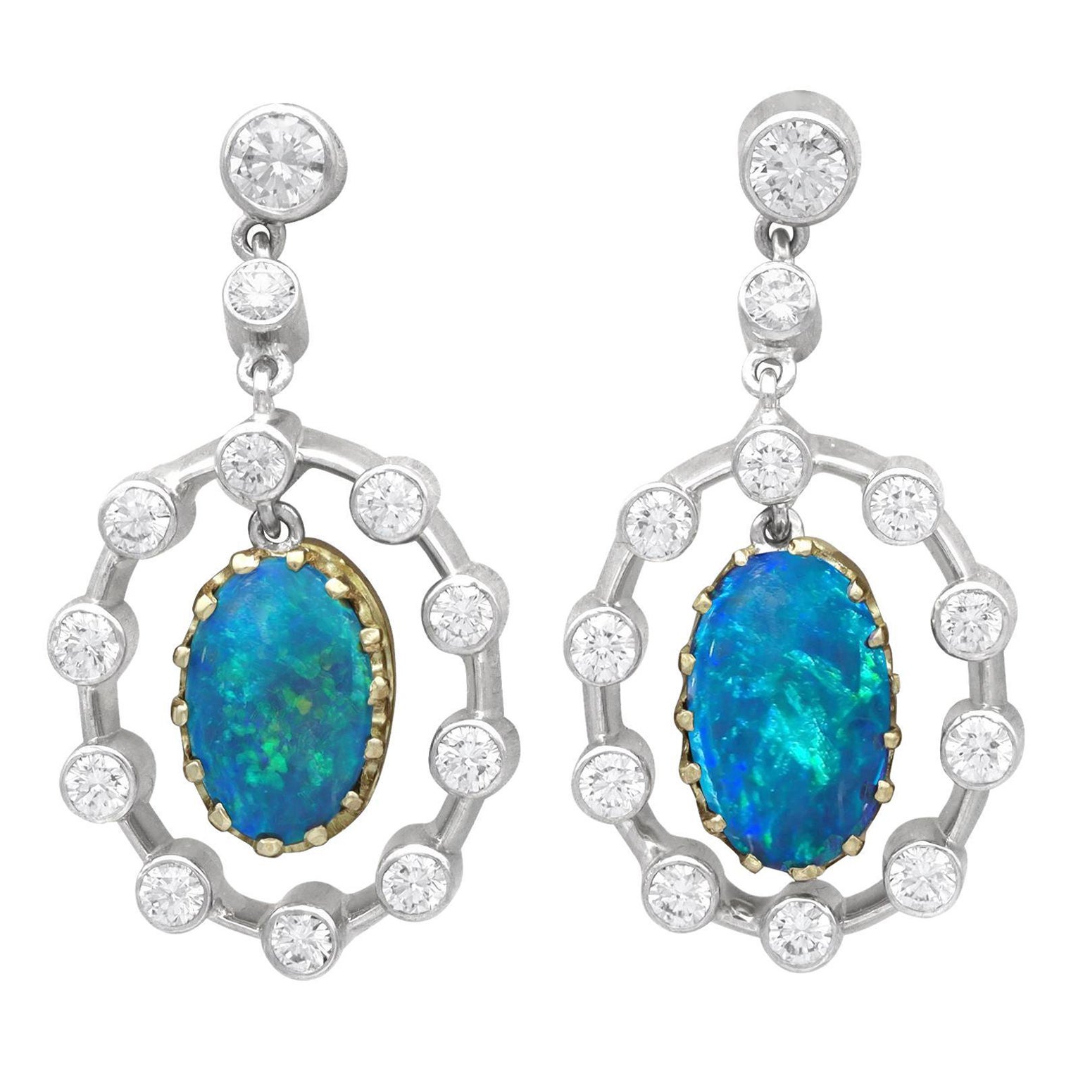 1930s 2.02 Carat Opal and Diamond White Gold Drop Earrings For Sale