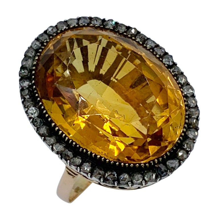 GIA 30 Carat Citrine Rose Diamond Halo Ring 14 Karat Gold Antique Belle Epoque For Sale