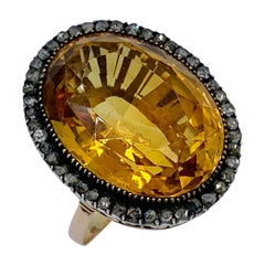 Bague en or 14 carats ancien Belle Epoque avec halo de diamants roses et citrine de 30 carats certifiée GIA