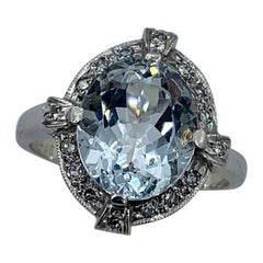 Art Deco 3 Carat Aquamarine Diamond Halo Ring 14 Karat White Gold