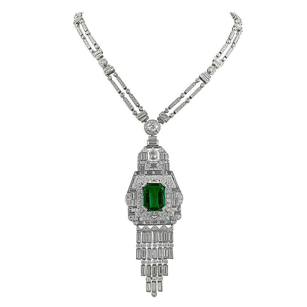 Important Rare Art Deco Diamond Certified Emerald Platinum Necklace For Sale