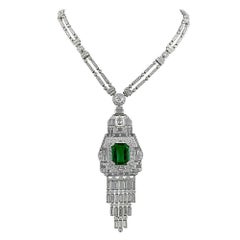 Important Rare Art Deco Diamond Certified Emerald Platinum Necklace