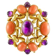 Vintage Cartier Paris 1970s Celtic Design Cabochon Amethyst  Coral Gold Brooch Pin