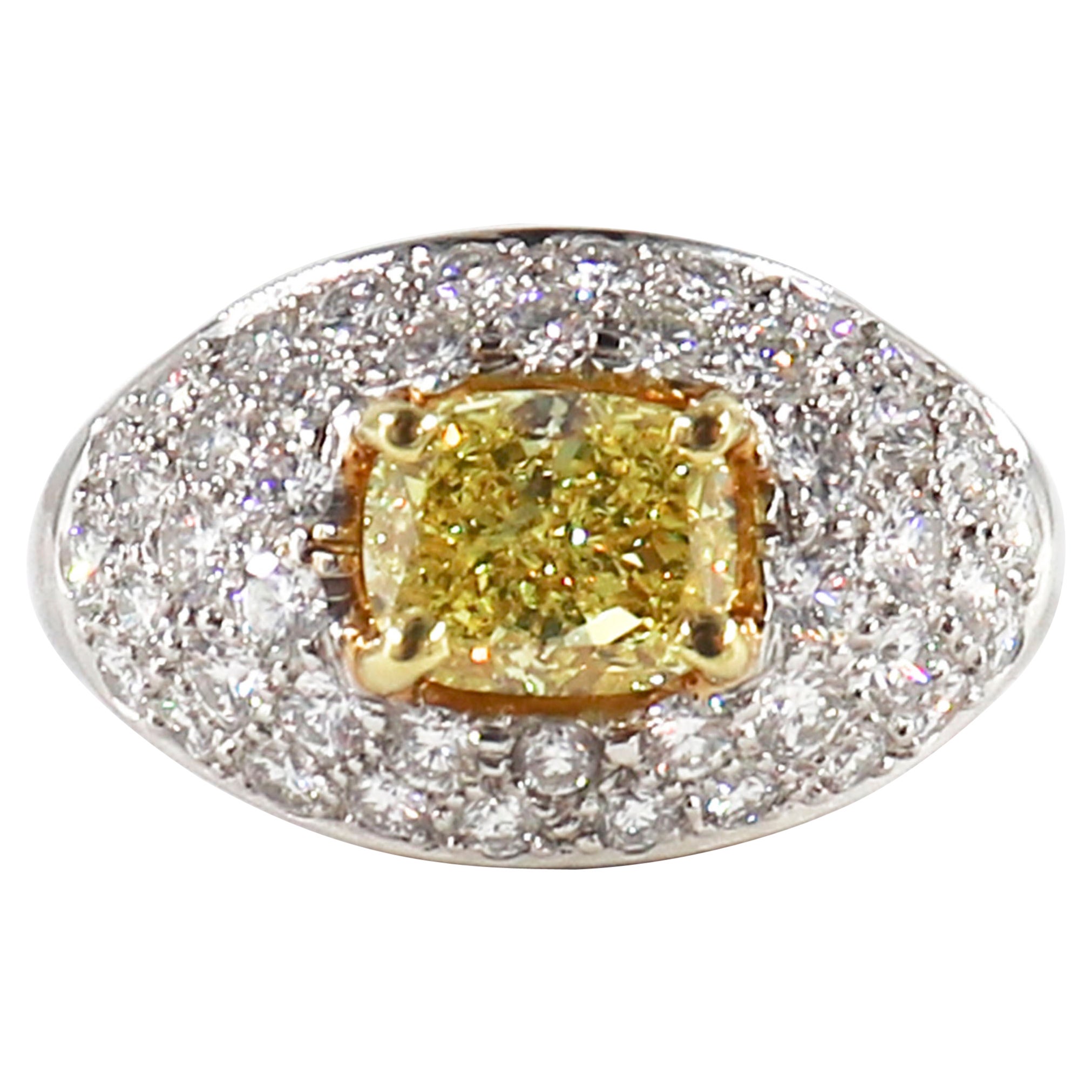 J. Birnbach 1.53 Carat Fancy Intense Yellow Cushion Diamond Pave Ring For Sale