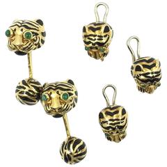 David Webb Enamel Emerald Gold Tiger Cufflinks and Studs