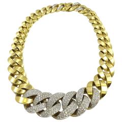 Vintage Italian Gold Cuban Link Necklace with Diamond Chain