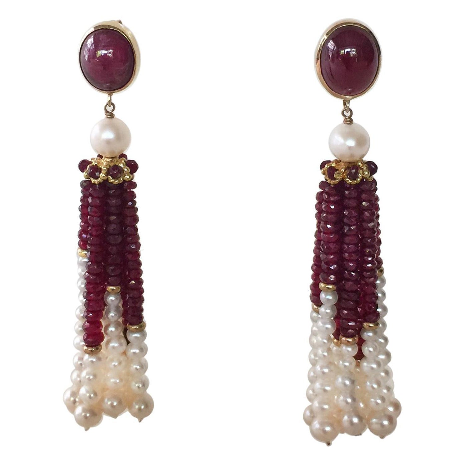 Marina J White Pearl and Ruby Graduated Tassel Earrings with 14k Yellow Gold 