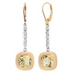 Cushion Yellow Beryl White and Yellow Gold Lever Back Earrings