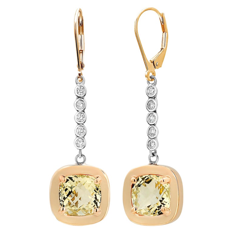 Cushion Yellow Beryl White and Yellow Gold Lever Back Earrings For Sale