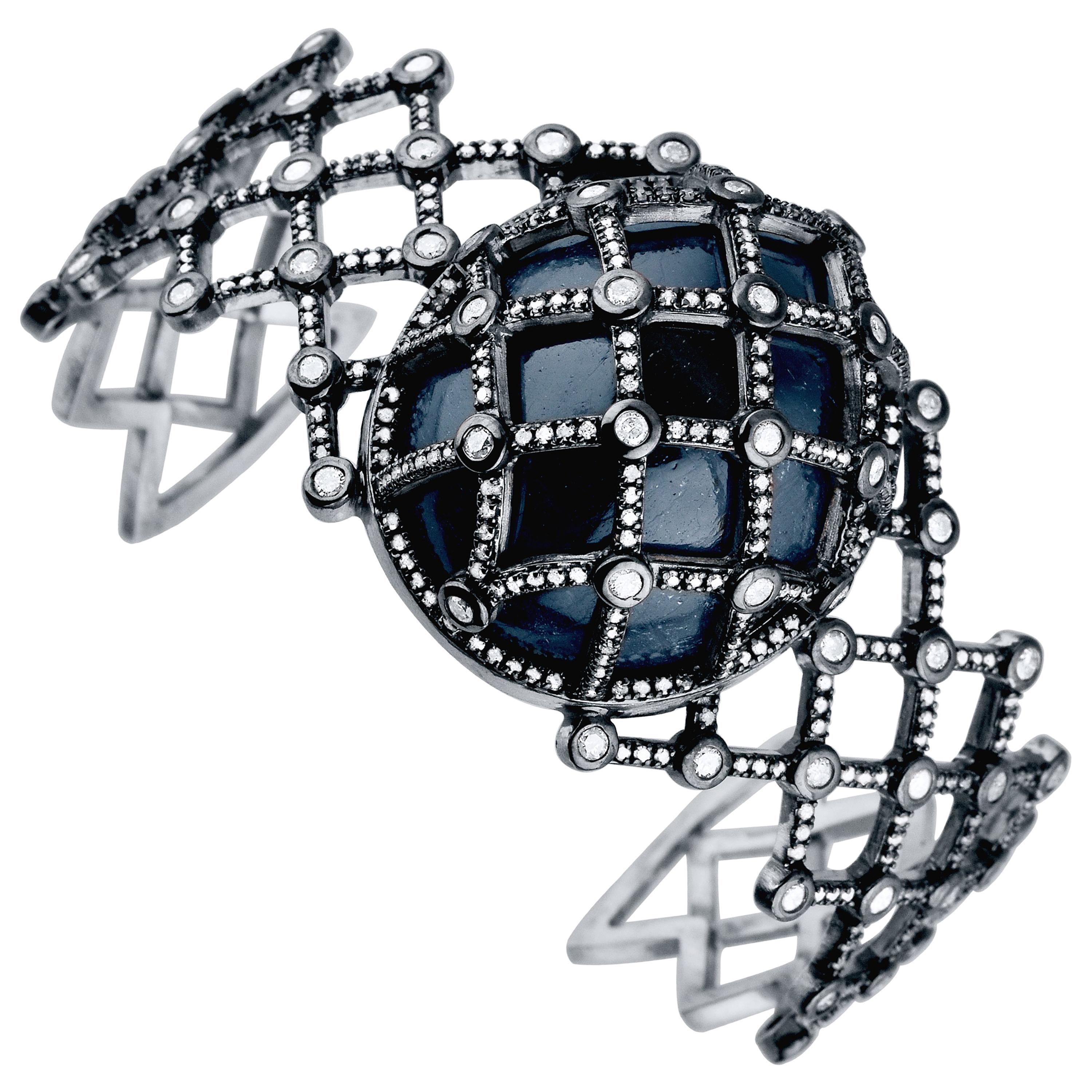 Jade Jagger Caged White Diamond Sapphire Cuff Bracelet
