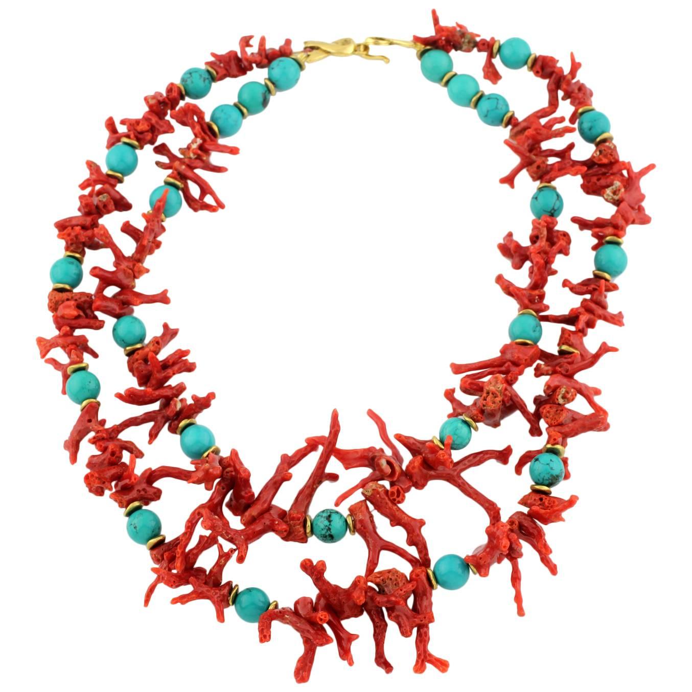 Double Strand of Natural Coral Branches and Blue Faux Turquoise Choker Necklace