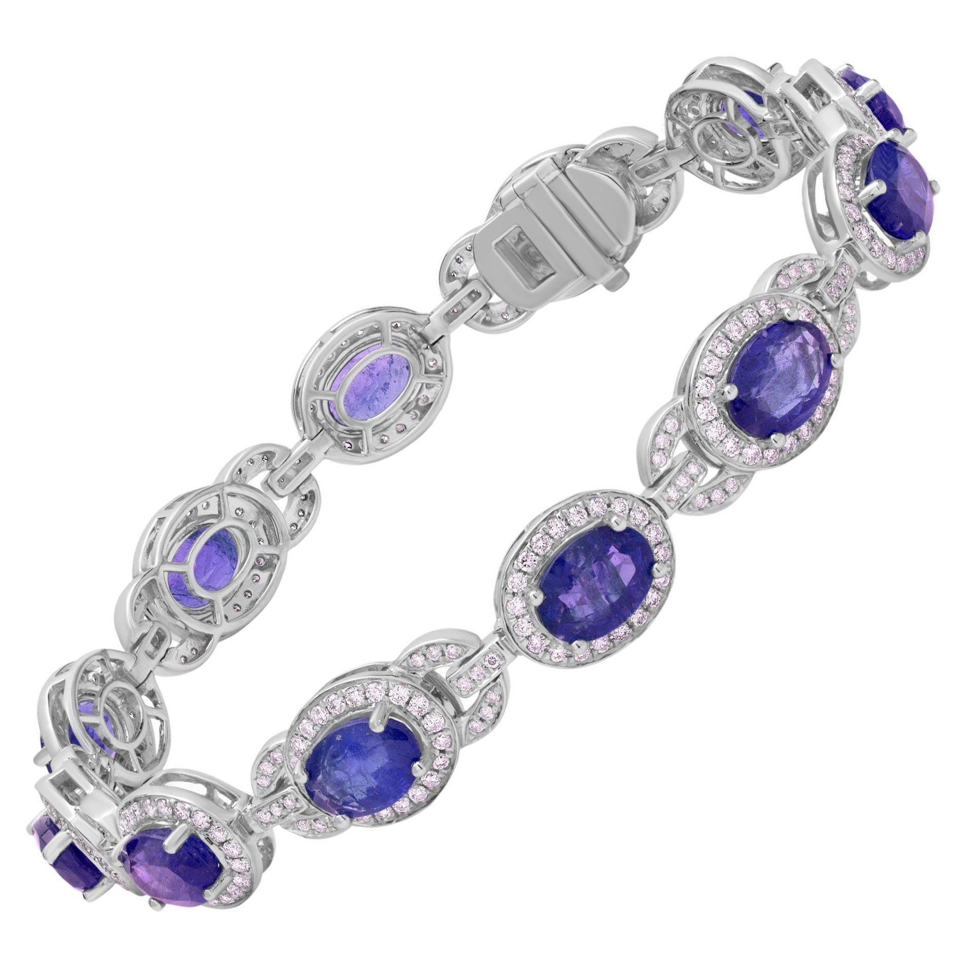 Nigaam 7.24 Cts. Blue Sapphire Halo Diamond Link Bracelet in 18k White Gold For Sale