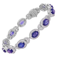 Nigaam 7.24 Cts. Blue Sapphire Halo Diamond Link Bracelet in 18k White Gold