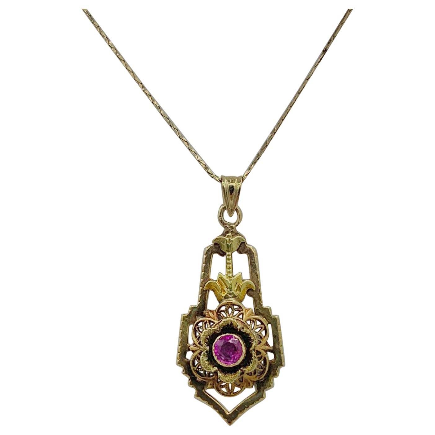 Art Nouveau Ruby Flower Pendant Lavaliere Necklace Gold, Circa 1900 For Sale