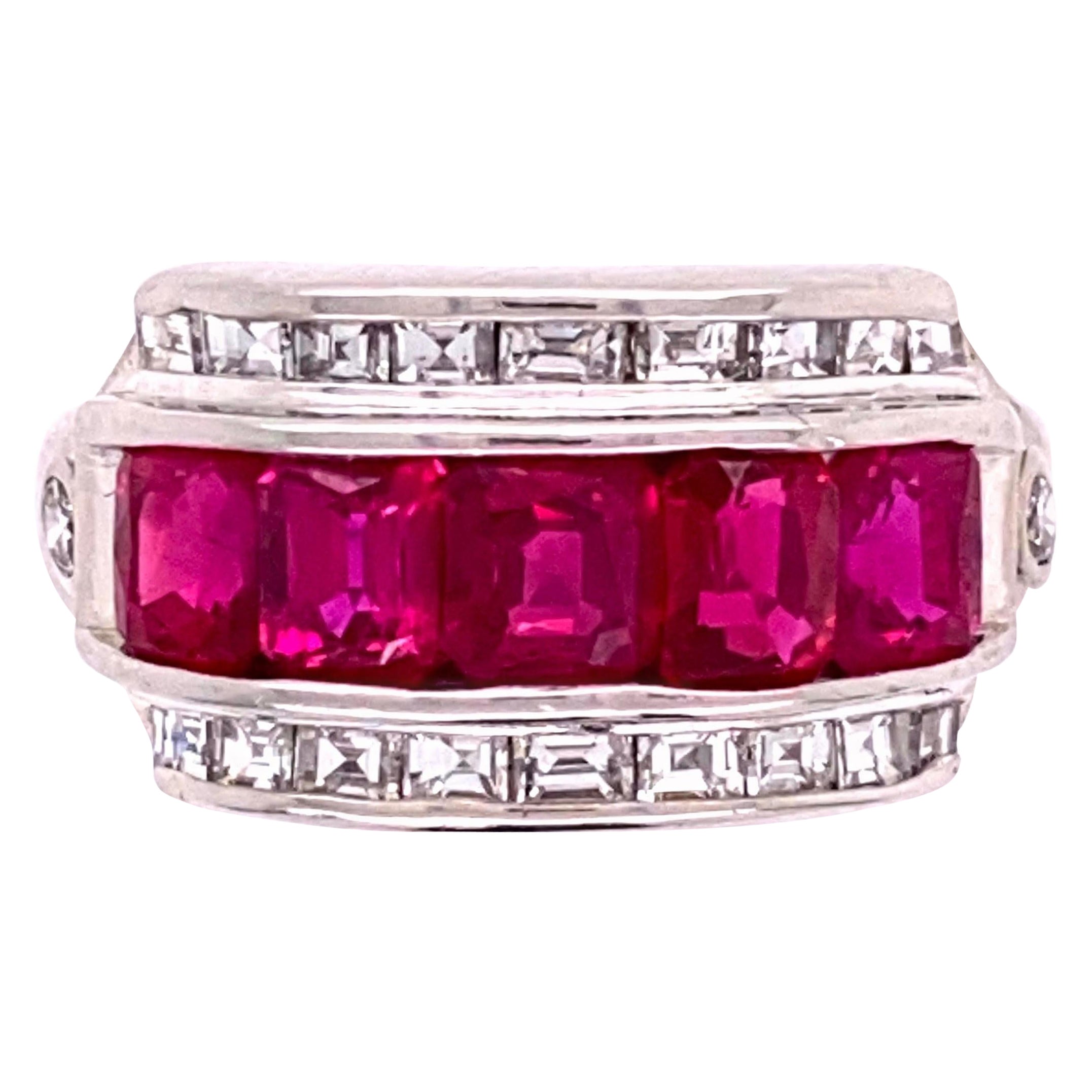 Ruby and Diamond Platinum Band Cocktail Ring Estate Fine Jewelry For Sale