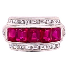 Ruby and Diamond Platinum Band Cocktail Ring Estate Fine Jewelry
