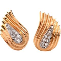 Diamond Gold Leaf Motif Clip-Back Earrings