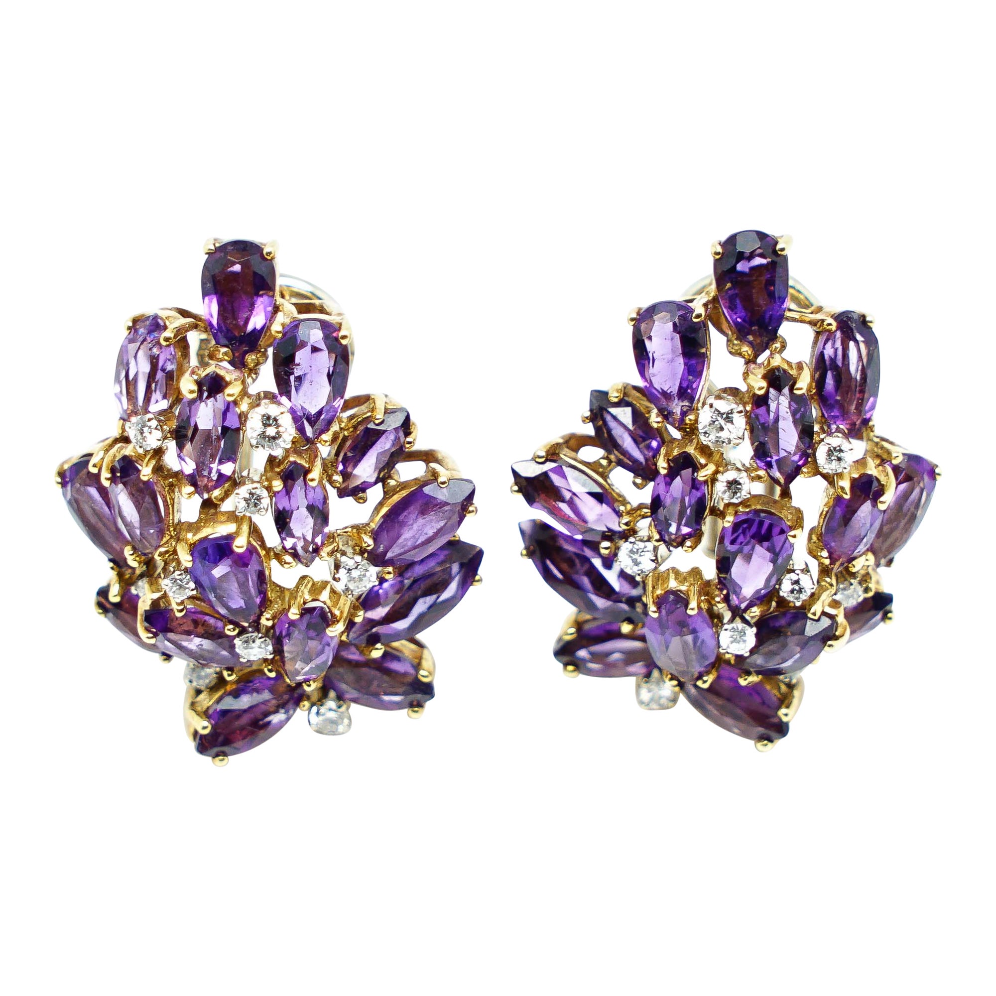 Pansy Flower Earrings of Carved Amethyst and Diamond Centre, English