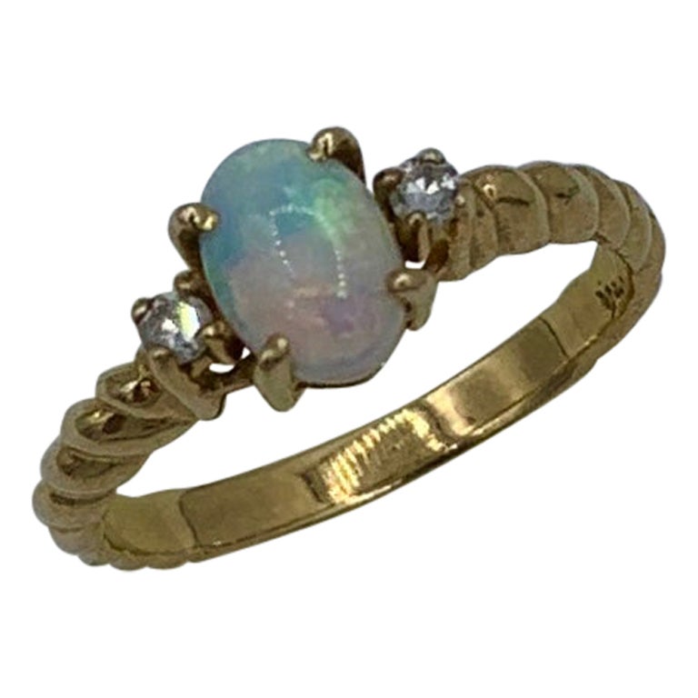 Bague de fiançailles de mariage empilable ancienne en or 14 carats avec opale et diamants