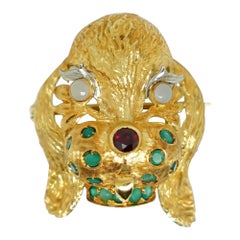 Pin Dog with Grenade Nose, Emeralds and Jades Cabochon in Gold 18 Karats