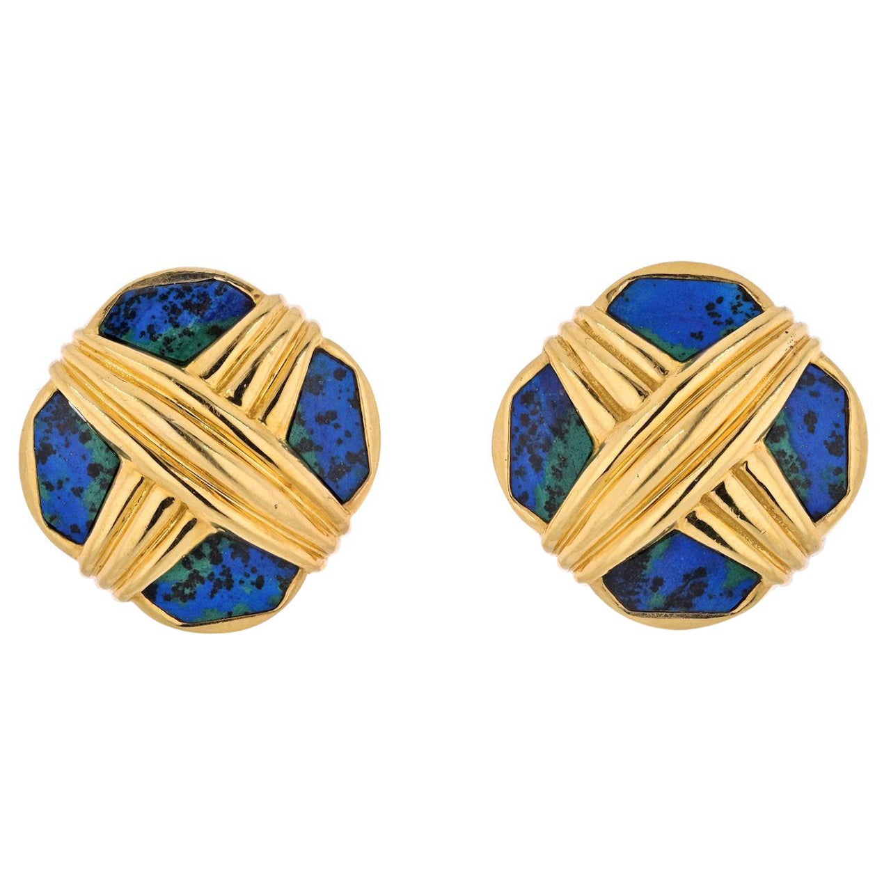 David Webb Boucles d'oreilles en platine et or jaune 18 carats avec motif en forme de X en azurmalachite en vente