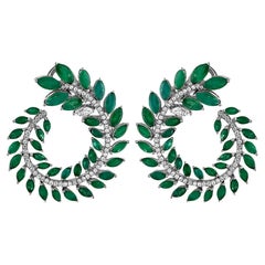 Emerald Earrings 10.24ct. Marquise Cut and 1.15ct. Diamond Pair of Leaf