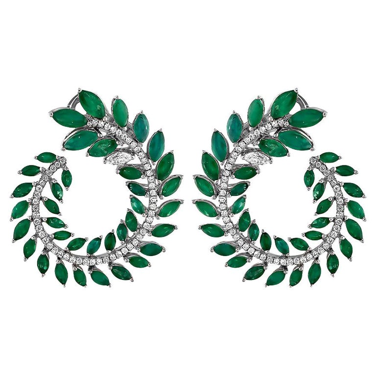 Emerald Earrings 10.24ct. Marquise Cut and 1.15ct. Diamond Pair of Leaf For Sale