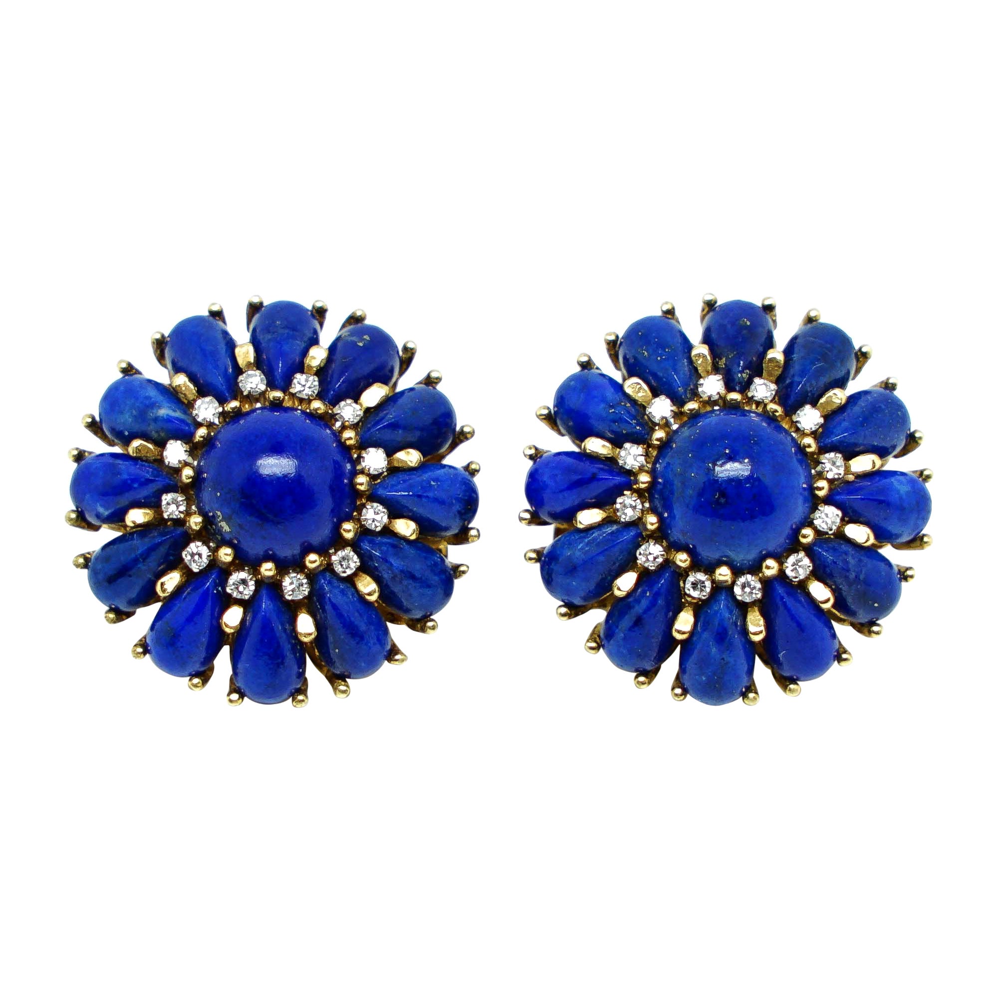 Flower Earrings with Lapis Lazuli Cabochon and Diamonds in Gold 18 Karats 