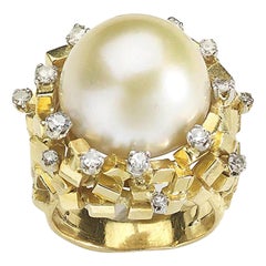 Retro Pearl and Diamond Gold Bombé Ring, circa 1975