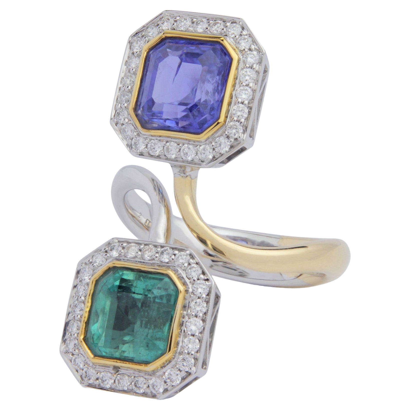 18 Karat Gold, Tanzanite, Emerald & Diamond 'Toi Et Moi' Ring