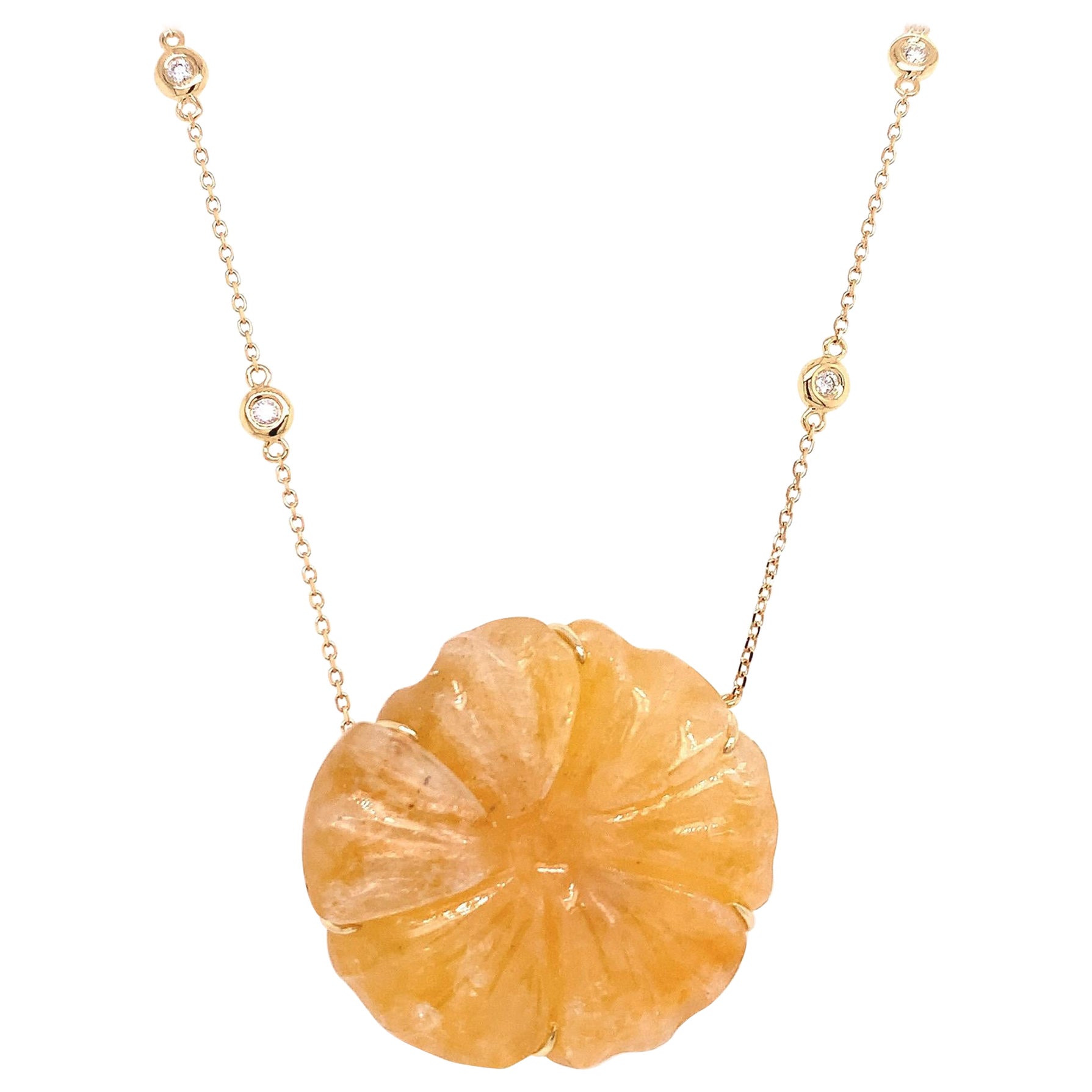 RUCHI 84.65 Carat Carved Yellow Sapphire and Diamond Yellow Gold Flower Pendant