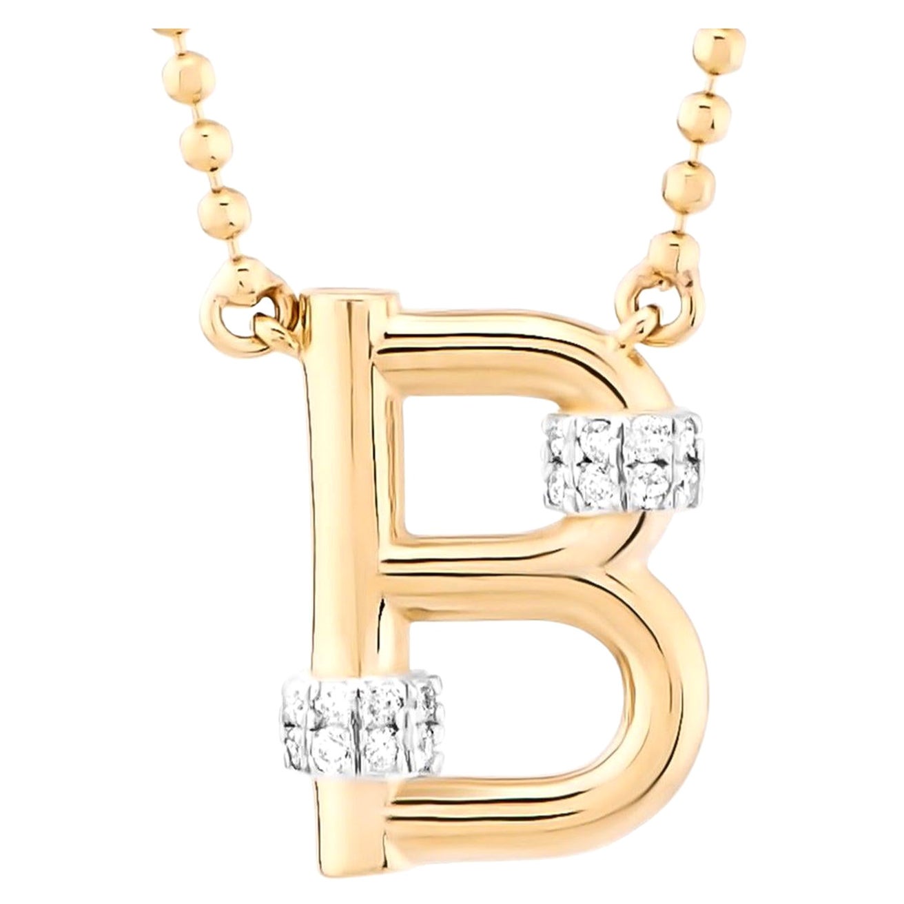 B Necklace, Diamond E Color 14K Yellow Gold, B Initial Pendant Ball Chain For Sale