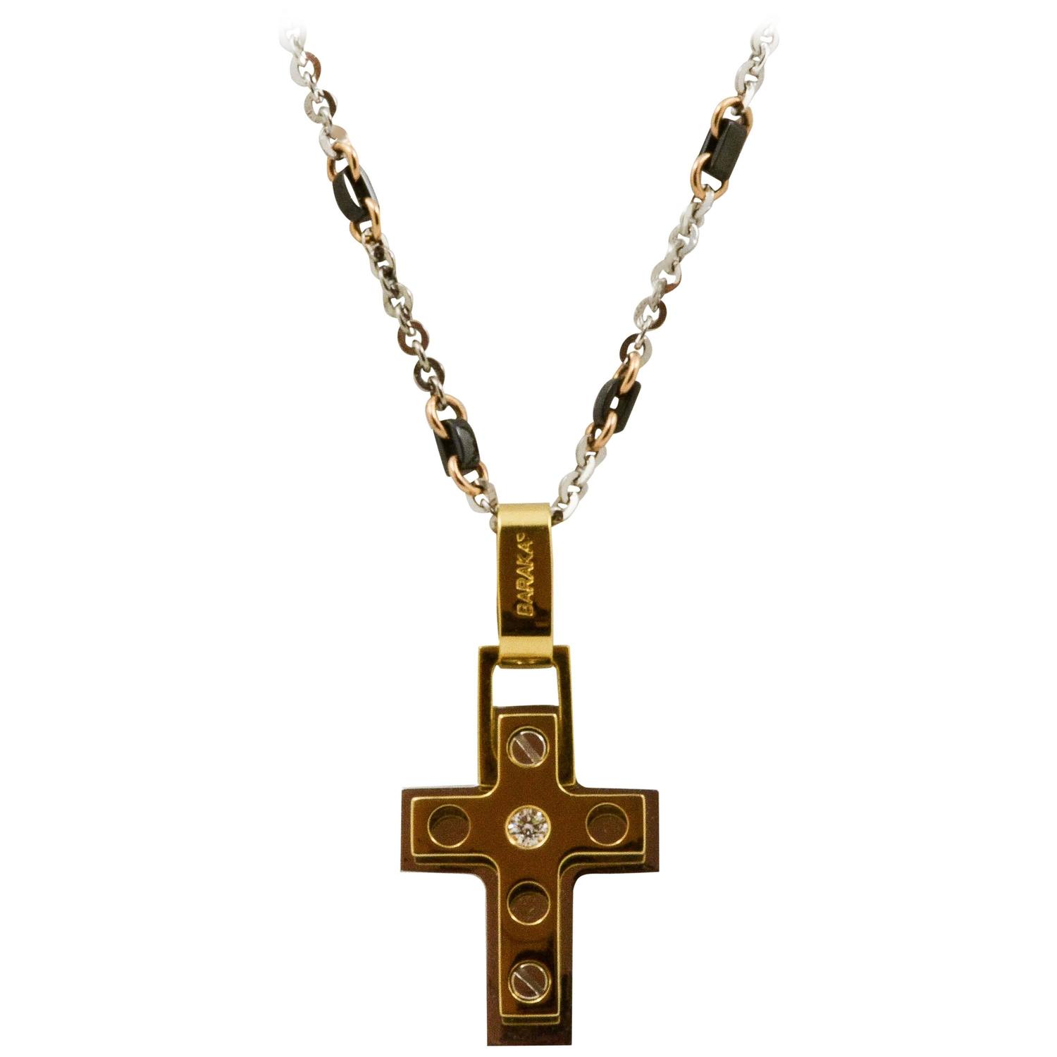 Baraka Diamond Stainless Steel Gold Cross Necklace at 1stdibs