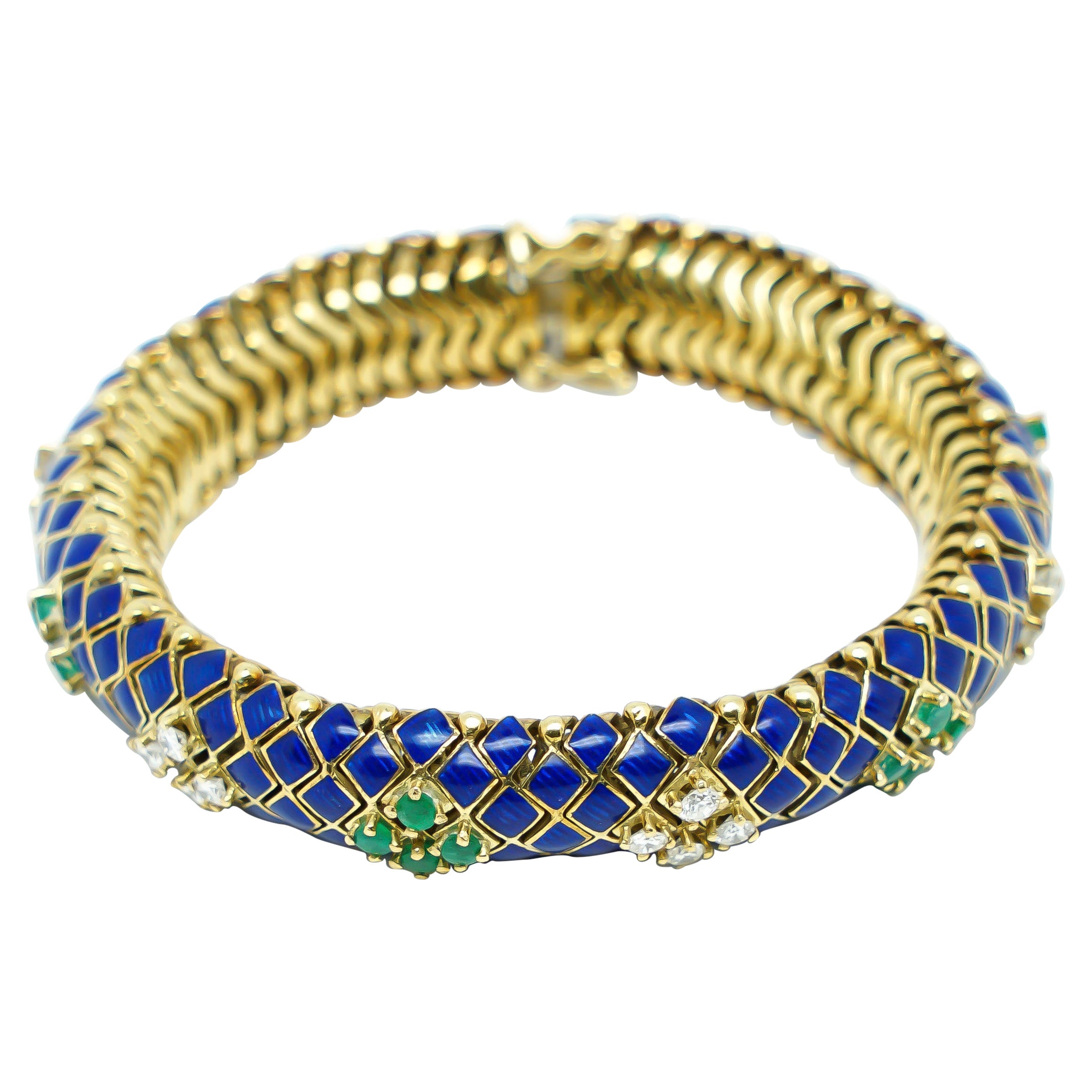 Bracelet with Diamonds in Gold 18 Karats Emeralds and Blue Polish For Sale