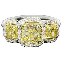 1.27 Carat GIA Cert Fancy Yellow Radiant Diamond Gold Three Stone Ring