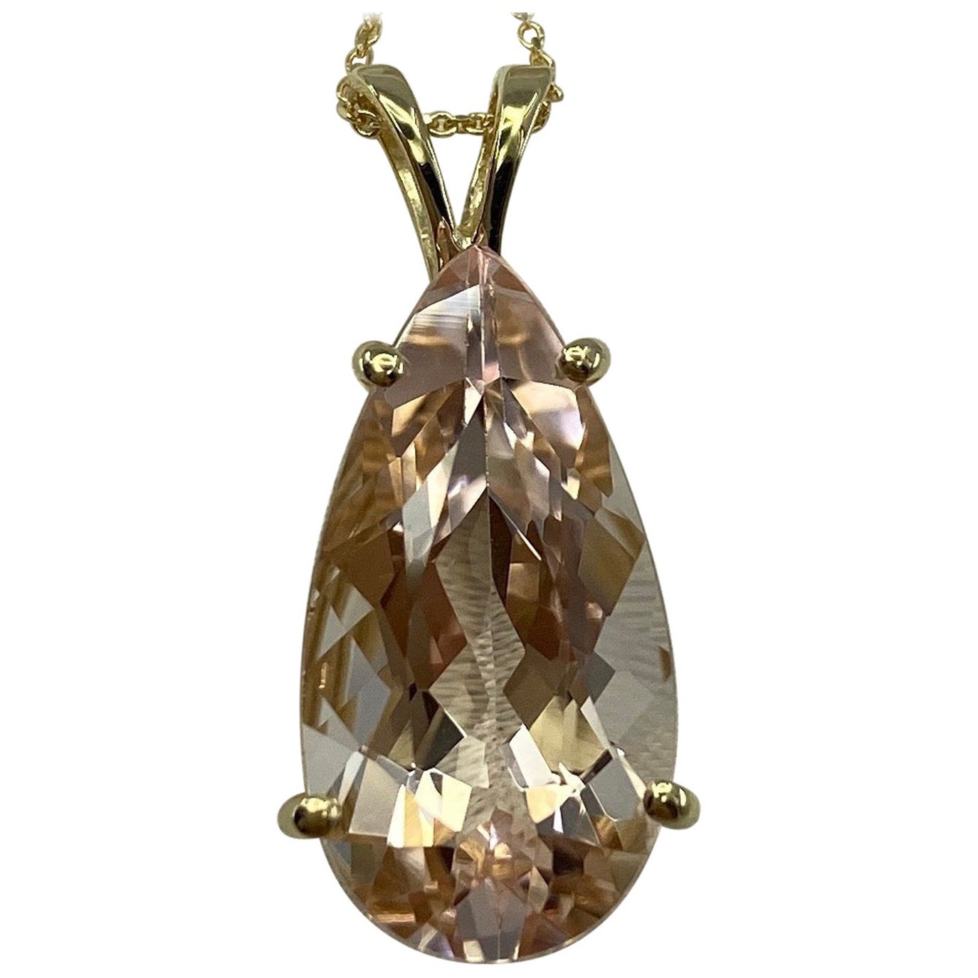 8.57 Carat Peach Pink Morganite Pear Teardrop Cut Yellow Gold Pendant Necklace For Sale