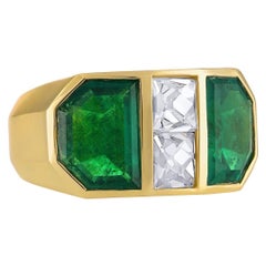 AGL Certified Shield Colombian Emerald French Cut Diamond 18k Gold Unisex Ring
