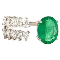 Modern Open Design Diamond & Emerald By-Pass Ring