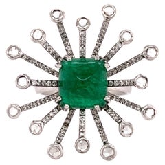 Modern Spray Designed Emerald & Rose Cut Diamonds 18k White Gold Ring