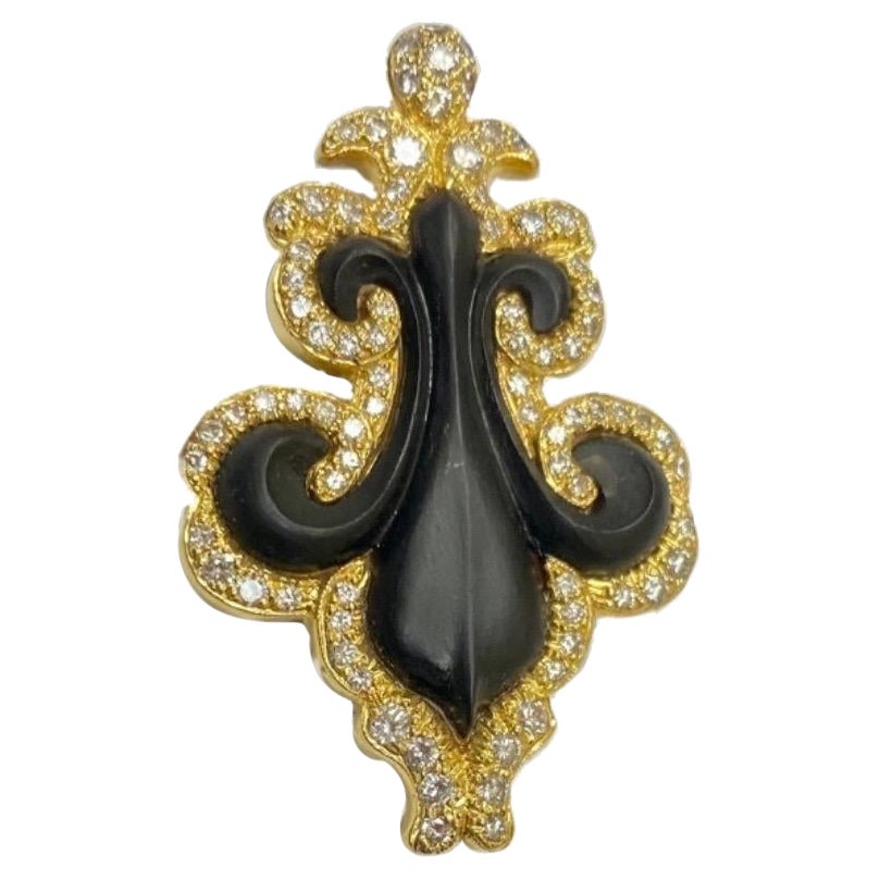 Handmade 18K Yellow Gold Fleur De Lis Diamond Brooch With Hand Carved Onyx For Sale