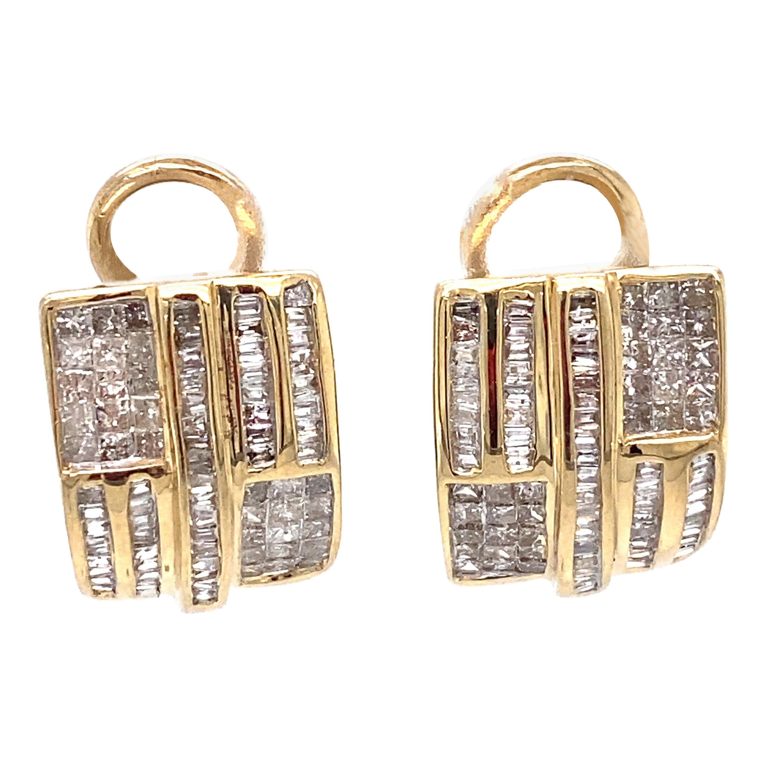 1.50 Carat Square Diamond Half Hoop Earrings in 14 Karat Gold For Sale