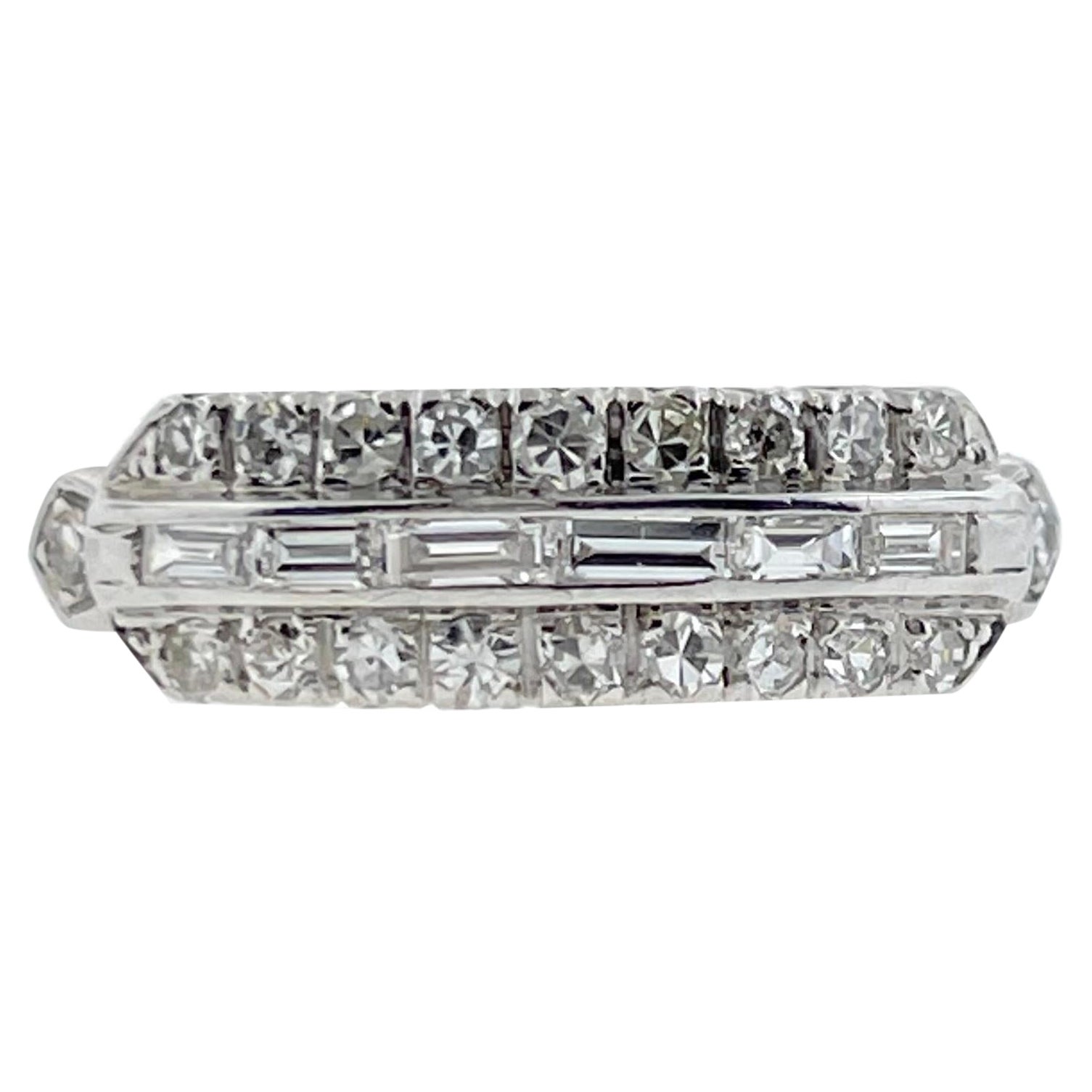 Baguette and Round Diamond Platinum Ring For Sale