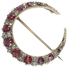 Antique Red Spinel Diamond Gold Crescent Brooch
