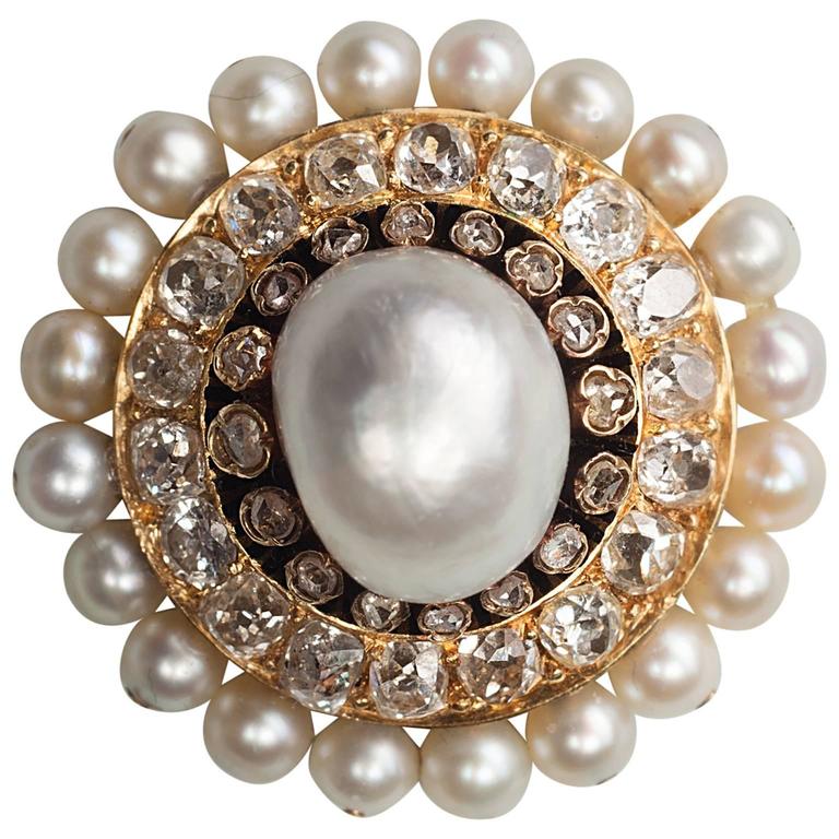 Victorian Natural Pearl Diamond Gold Round Brooch at 1stDibs